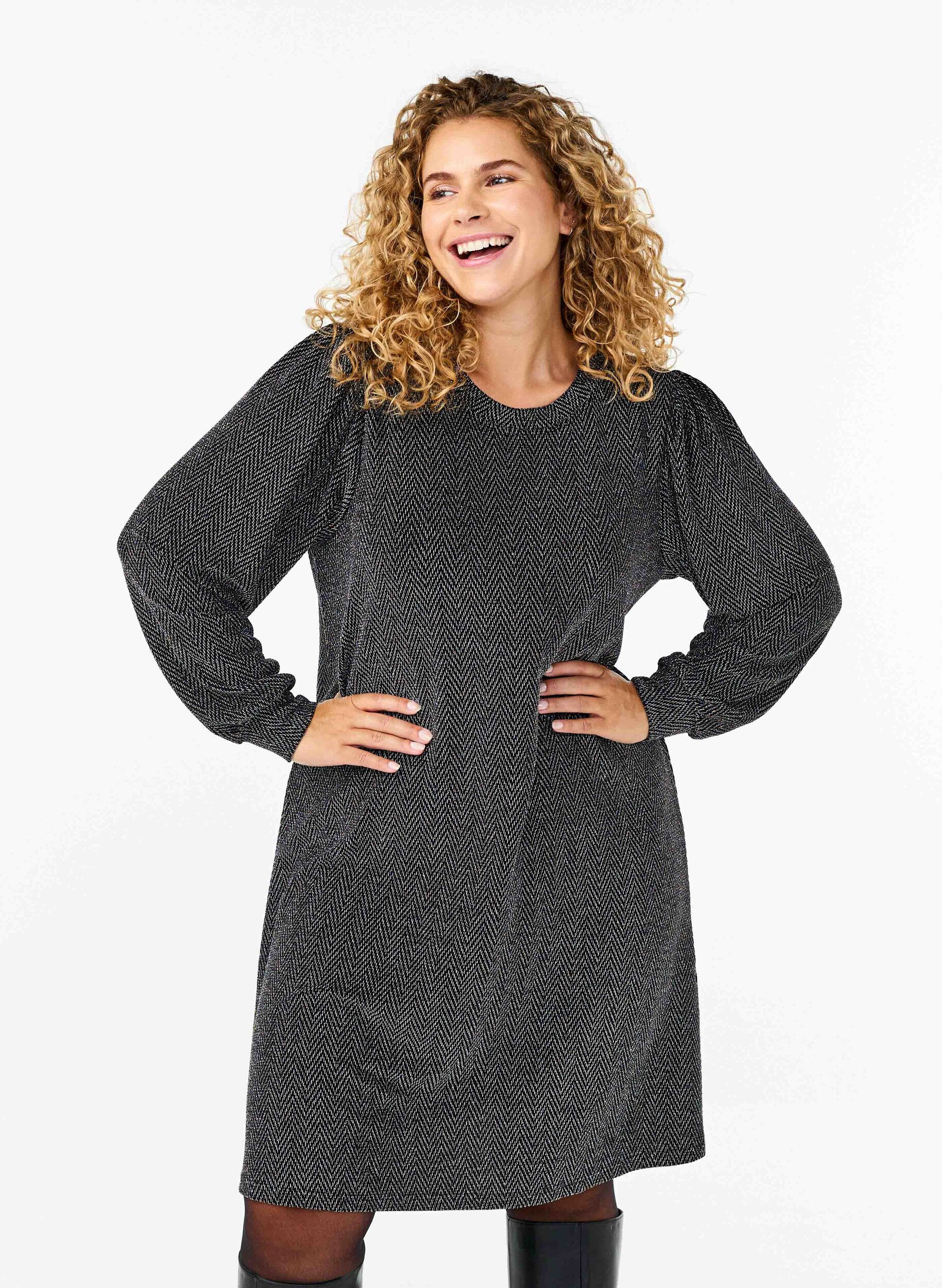 Zizzi Kjole med zigzag m&oslash;nster og glimmer, Silver ZigZagShimmer, Model image number 0