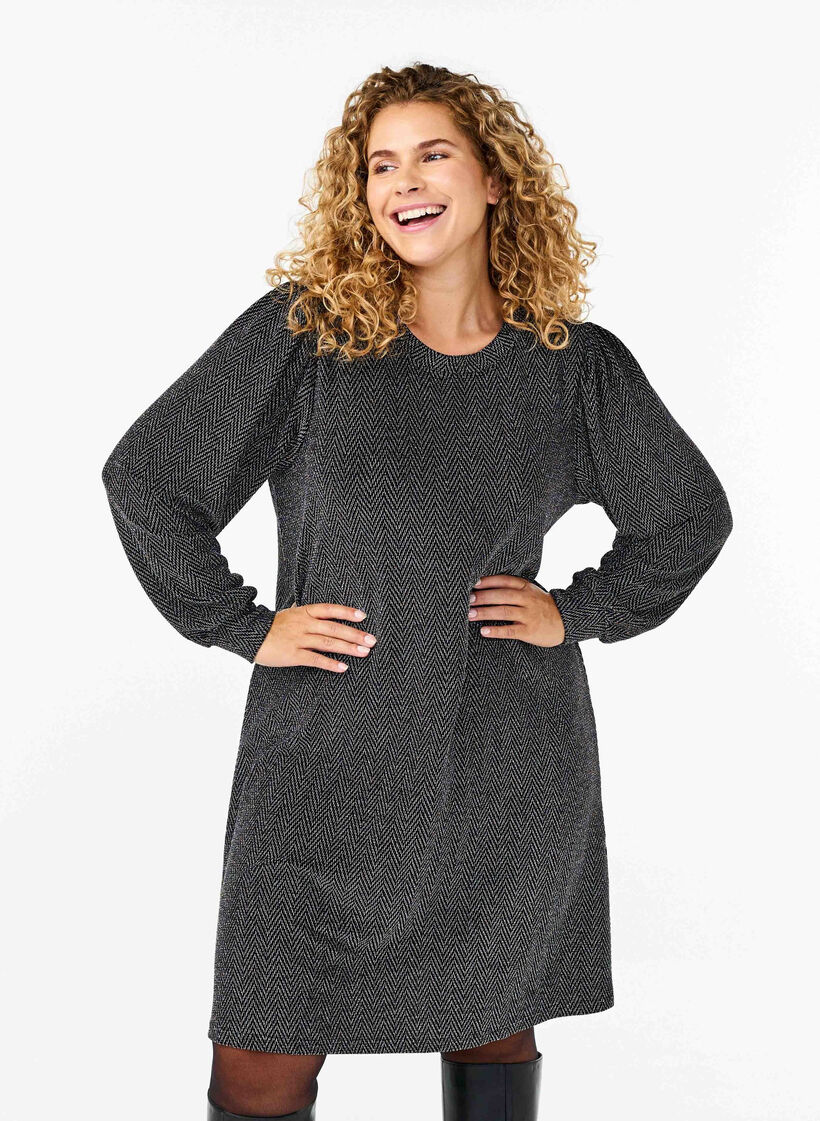 Kjole med zigzag mønster og glimmer, Silver ZigZagShimmer, Model image number 0