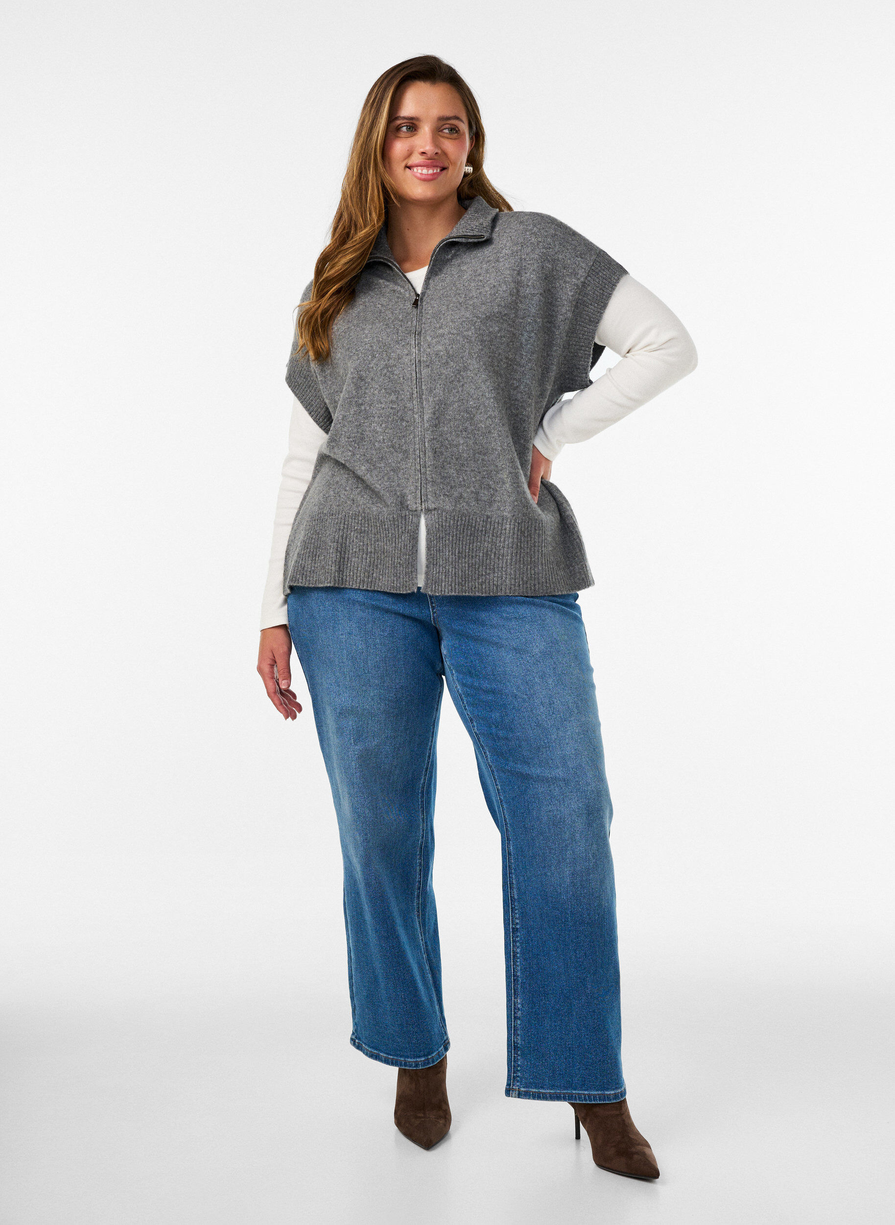 ZizziStrikvest med h&oslash;j krave og lynl&aring;s, Gr&aring;, Model image number 1
