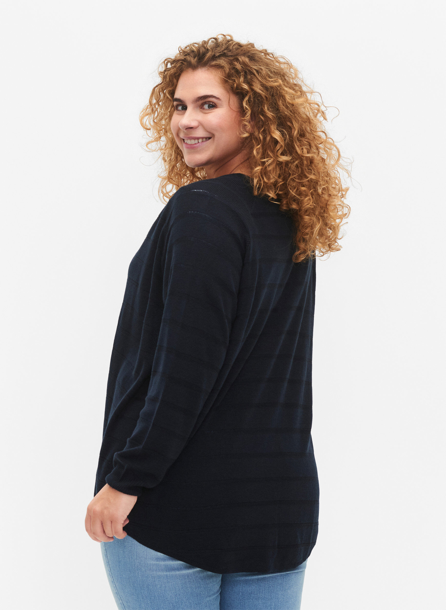 Zizzi Strikcardigan med tone-i-tone striber, Navy Blazer, Model image number 1