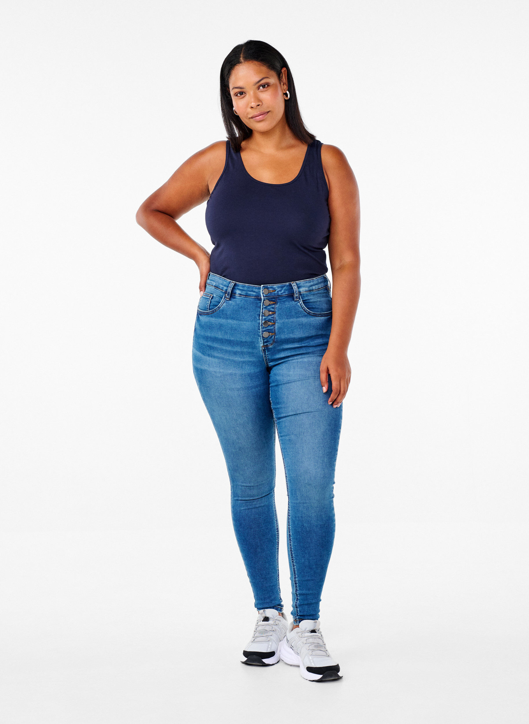 ZizziEnsfarvet basis top i bomuld, Bl&aring;, Model image number 1