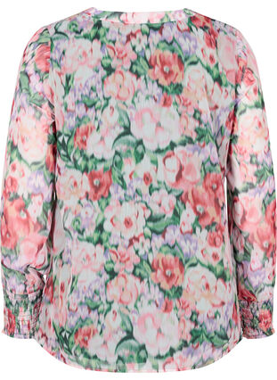 Blomstret bluse med lange ærmer og smock, Flower AOP, Packshot image number 1