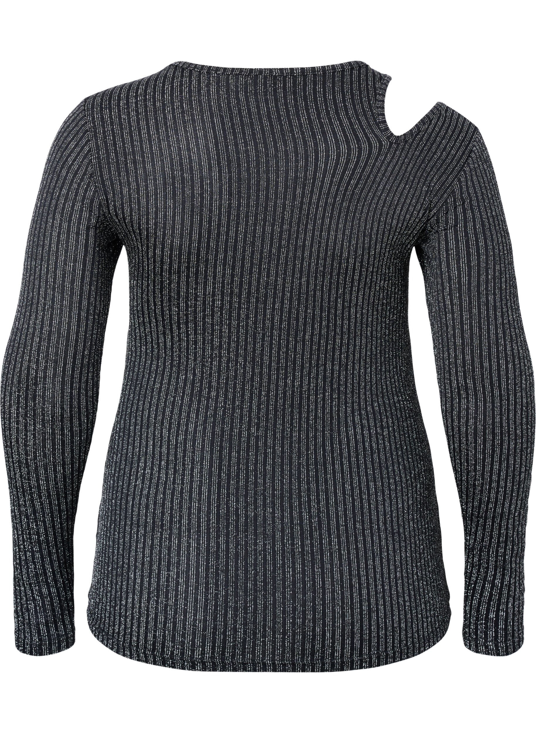 Zizzi Lang&aelig;rmet cut-out bluse med glitter, B. w. Silver Stripes, Packshot image number 1
