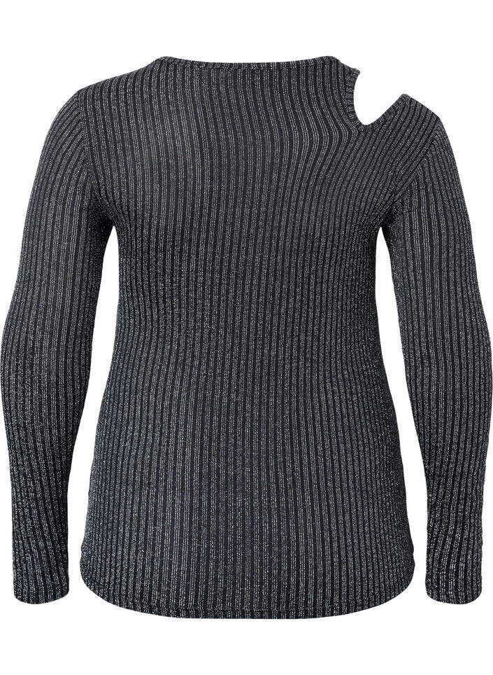 Langærmet cut-out bluse med glitter, B. w. Silver Stripes, Packshot image number 1