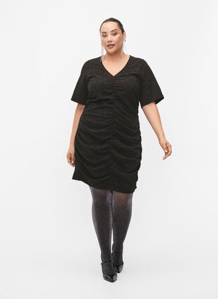 Kortærmet kjole med tekstur og draperinger, Black, Model image number 3