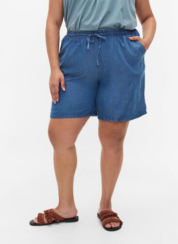Løse shorts med bindesnøre og lommer, Blue denim, Model image number 1