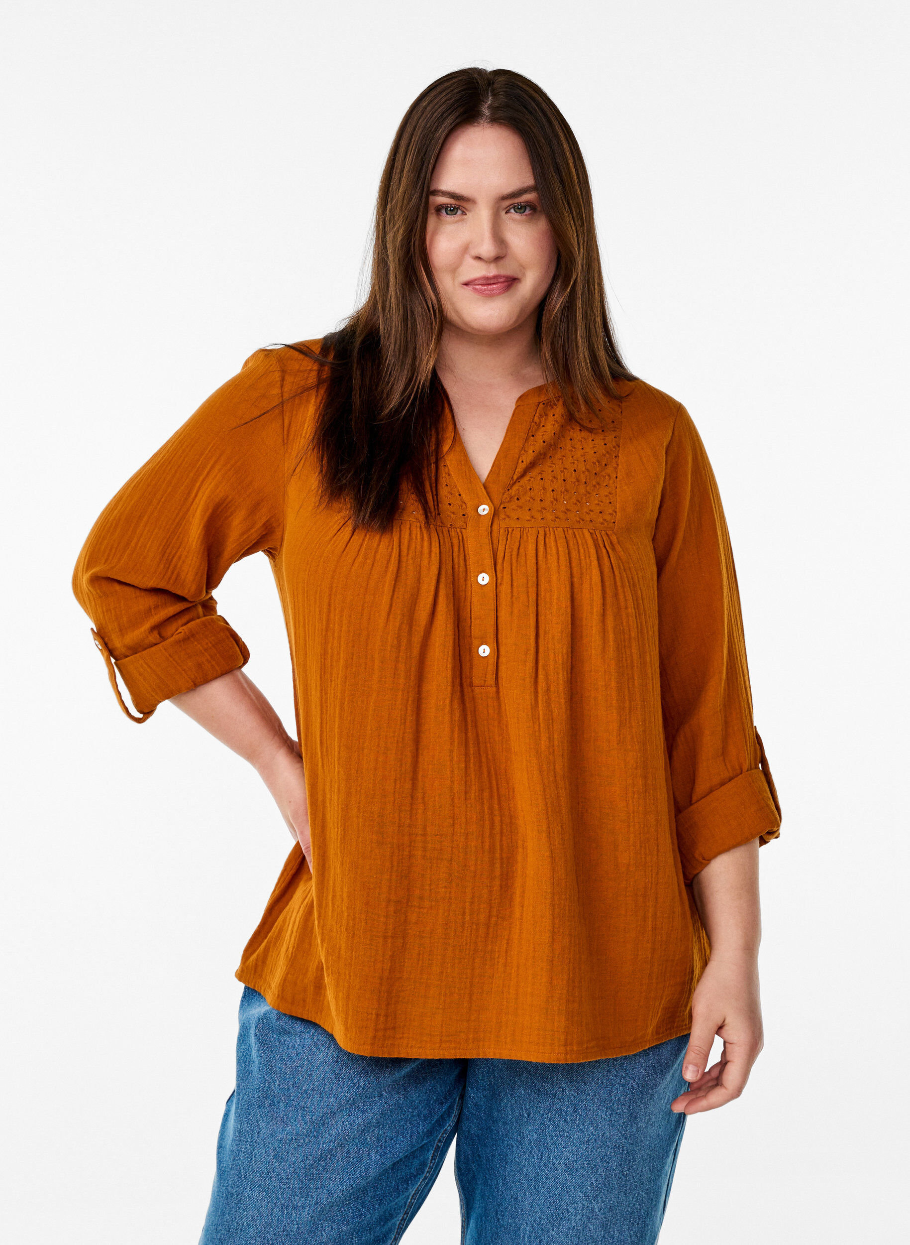 Bluse i bomuldsmusselin med broderi anglaise, Orange, Model