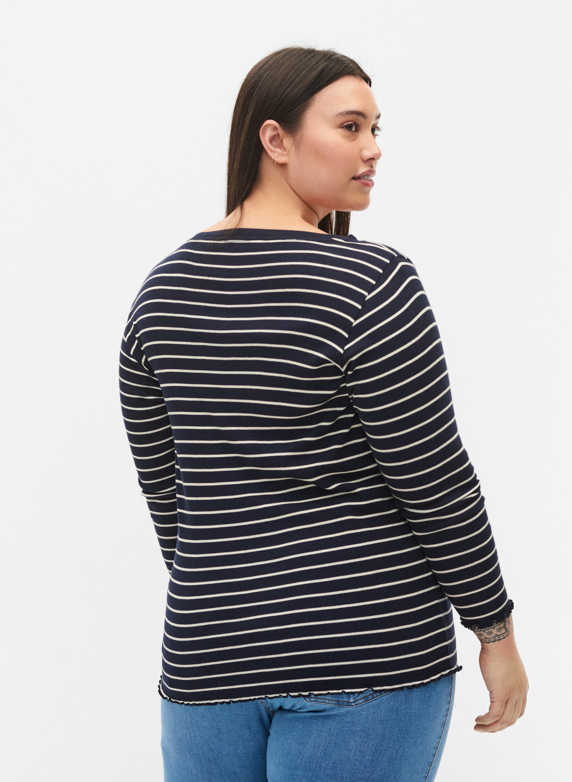 Zizzi Stribet bluse med rund hals, Night Sky Stripe, Model image number 1