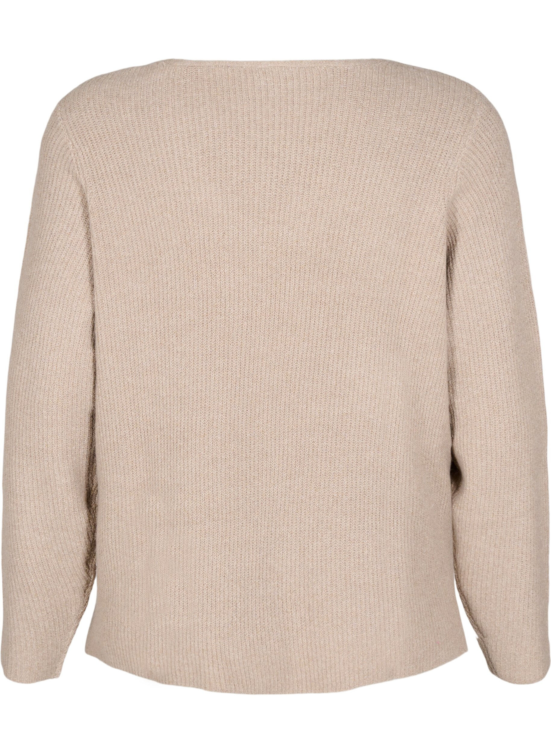 Zizzi Strikbluse med v-hals og lange &aelig;rmer, Simply T. White Mel., Packshot image number 1