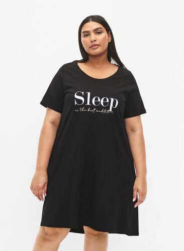 Kortærmet natkjole i økologisk bomuld , Black Sleep, Model image number 0
