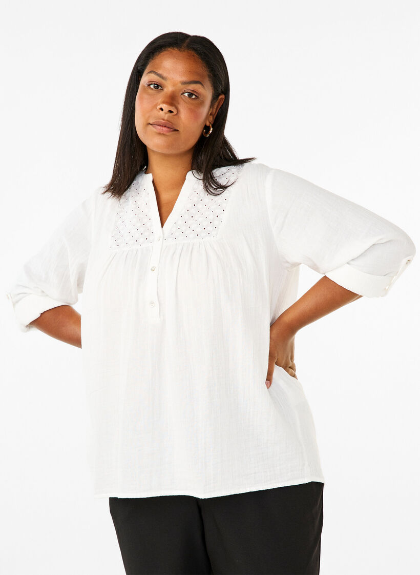 Bluse i bomuld med broderi anglaise og 3/4 ærmer, Bright White, Model image number 0