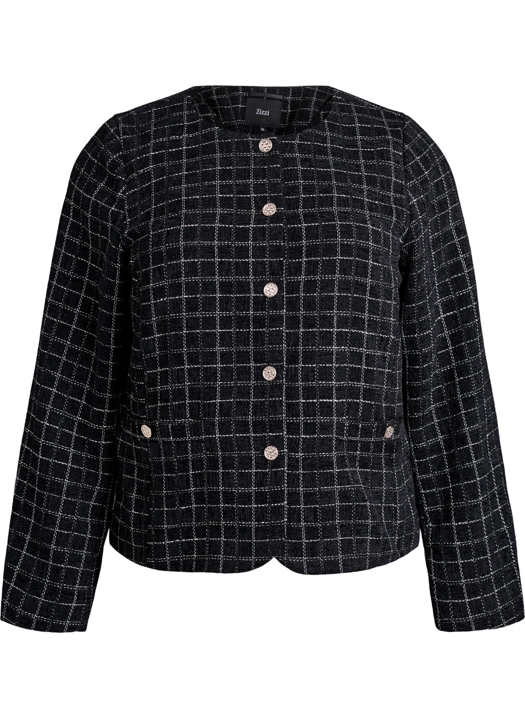 Kort boucl&eacute; blazer med tern og rund hals