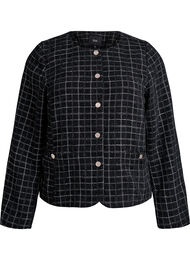 Kort bouclé blazer med tern og rund hals, Sort