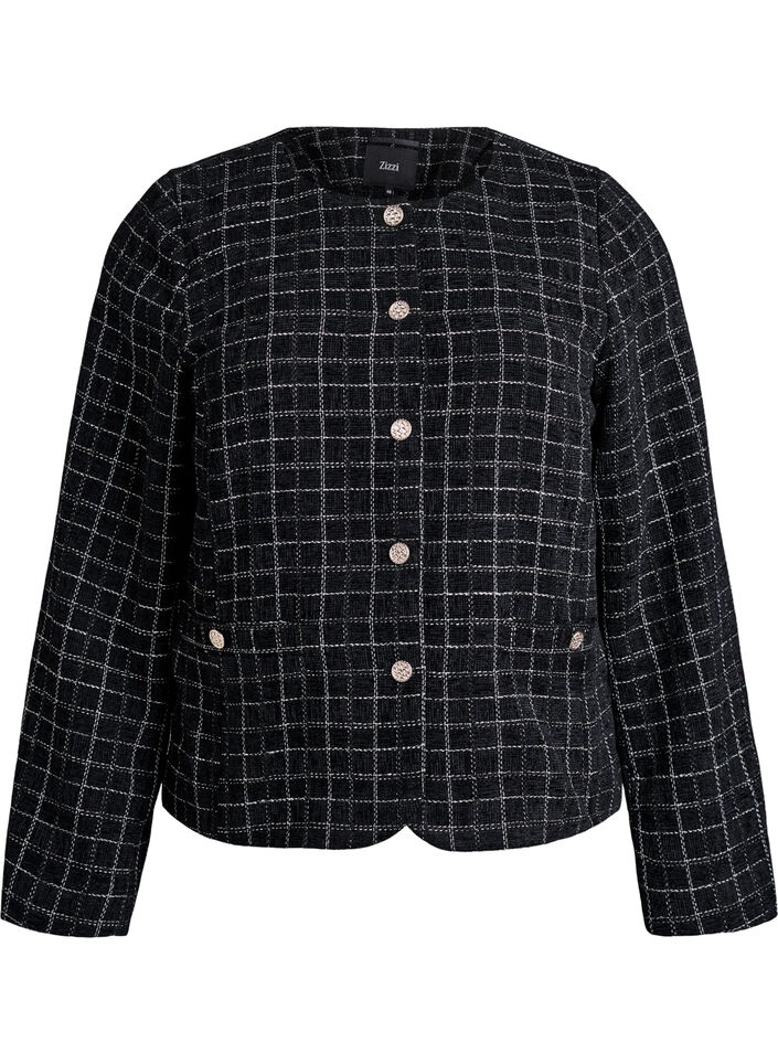 Kort bouclé blazer med tern og rund hals, Sort, Packshot image number 0