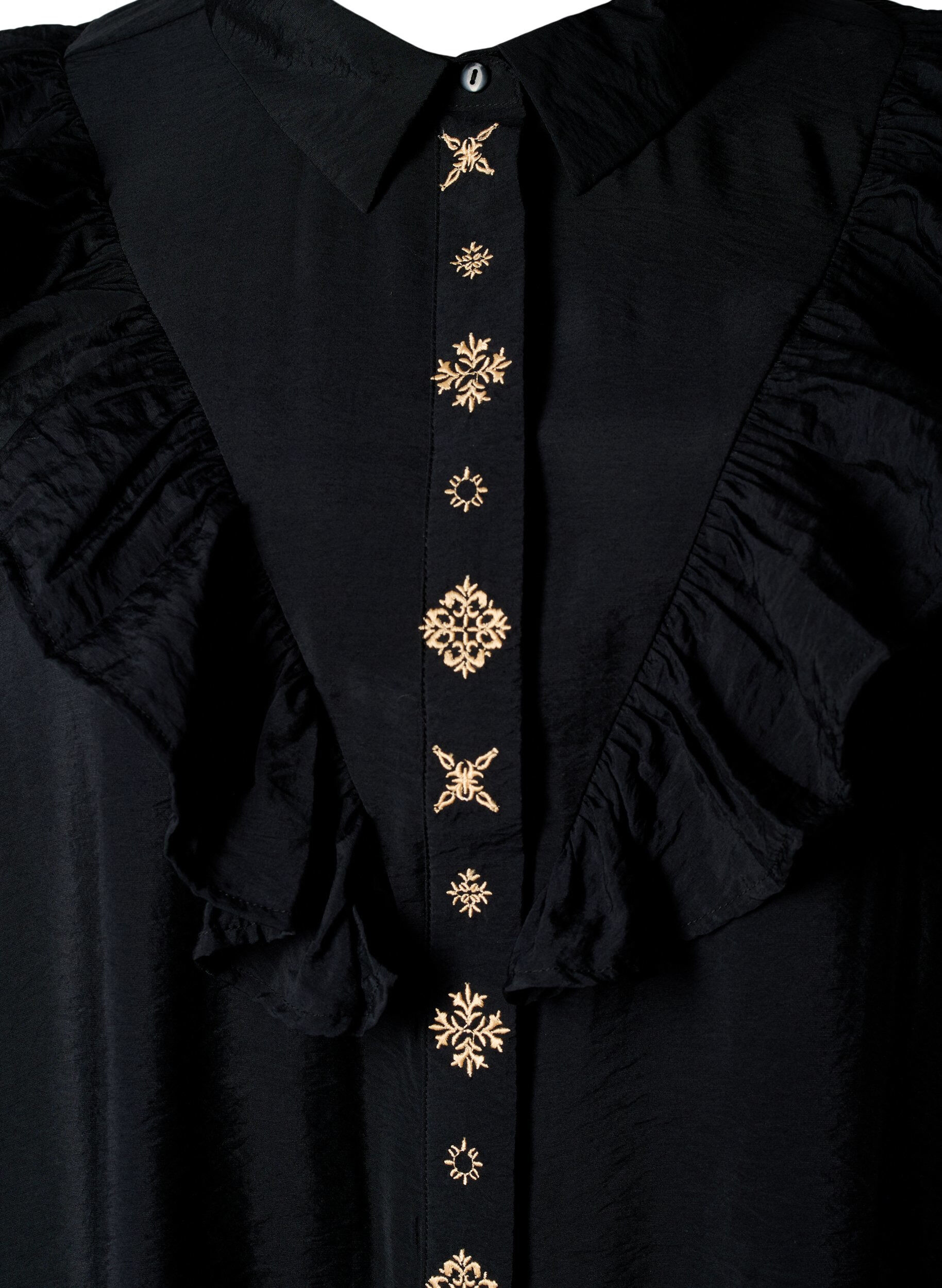 Zizzi Skjortekjole med fl&aelig;ser og broderi, Black, Packshot image number 2