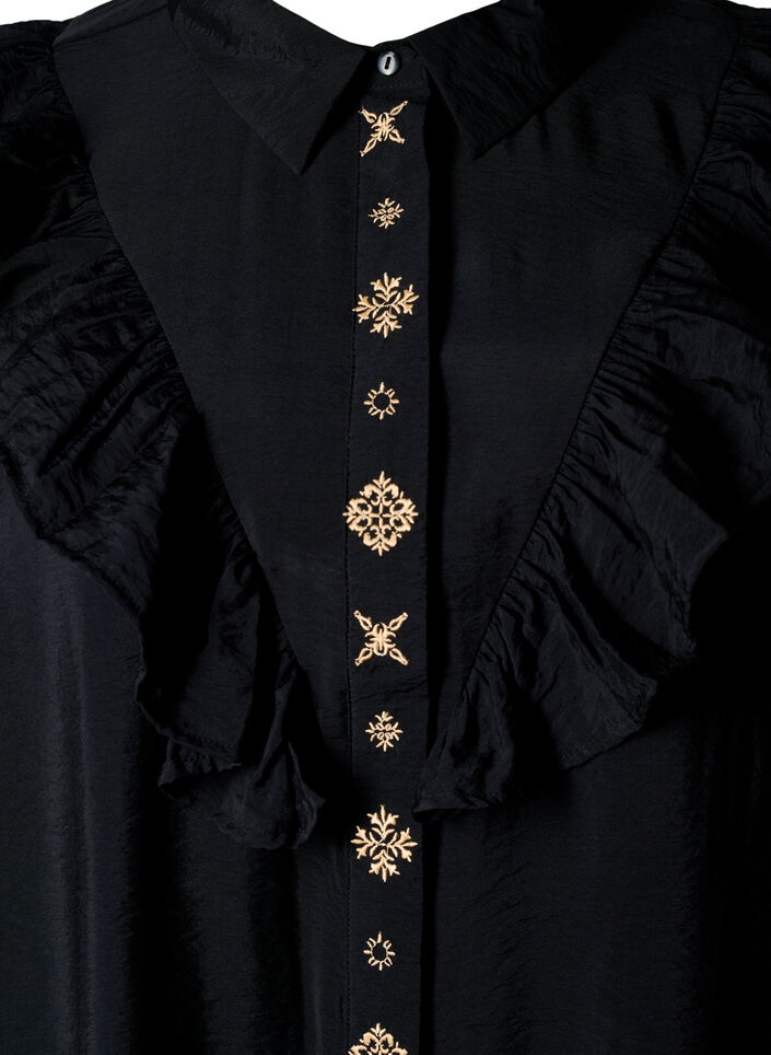 Skjortekjole med flæser og broderi, Black, Packshot image number 2