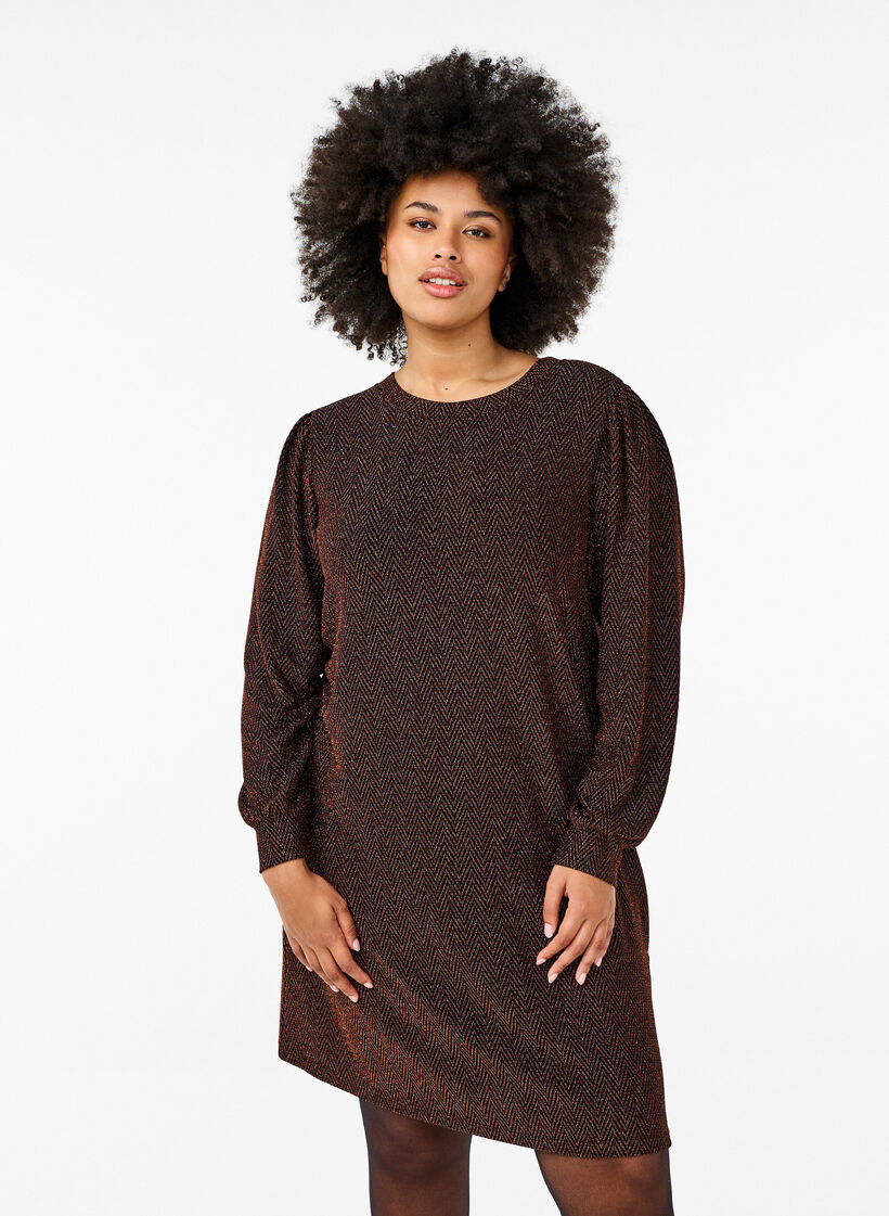 Kjole med zigzag mønster og glimmer, Copper ZigZagShimmer, Model image number 0
