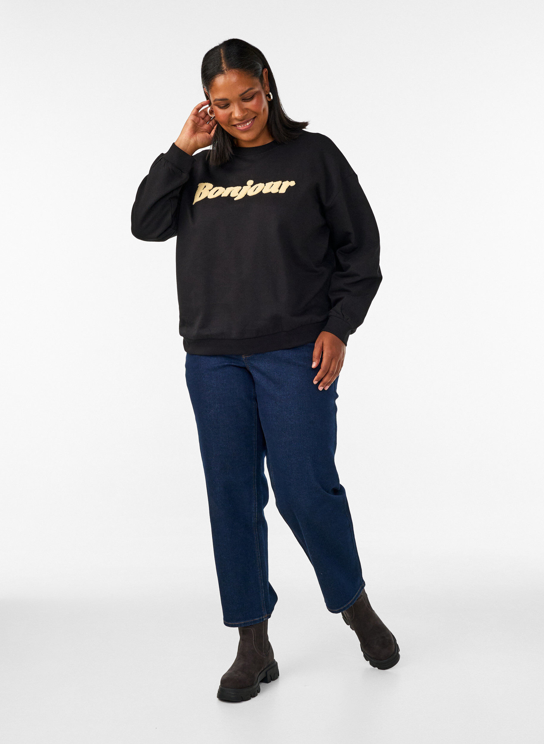 ZizziSweatshirt med tekstmotiv i boucl&eacute;, Sort, Model image number 1