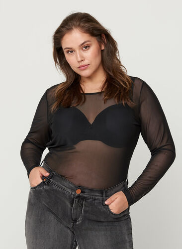 Langærmet mesh bluse, Black, Model image number 0