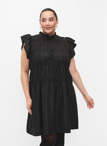Kjole med flæser og elastiske skæringer, Black, Model image number 0