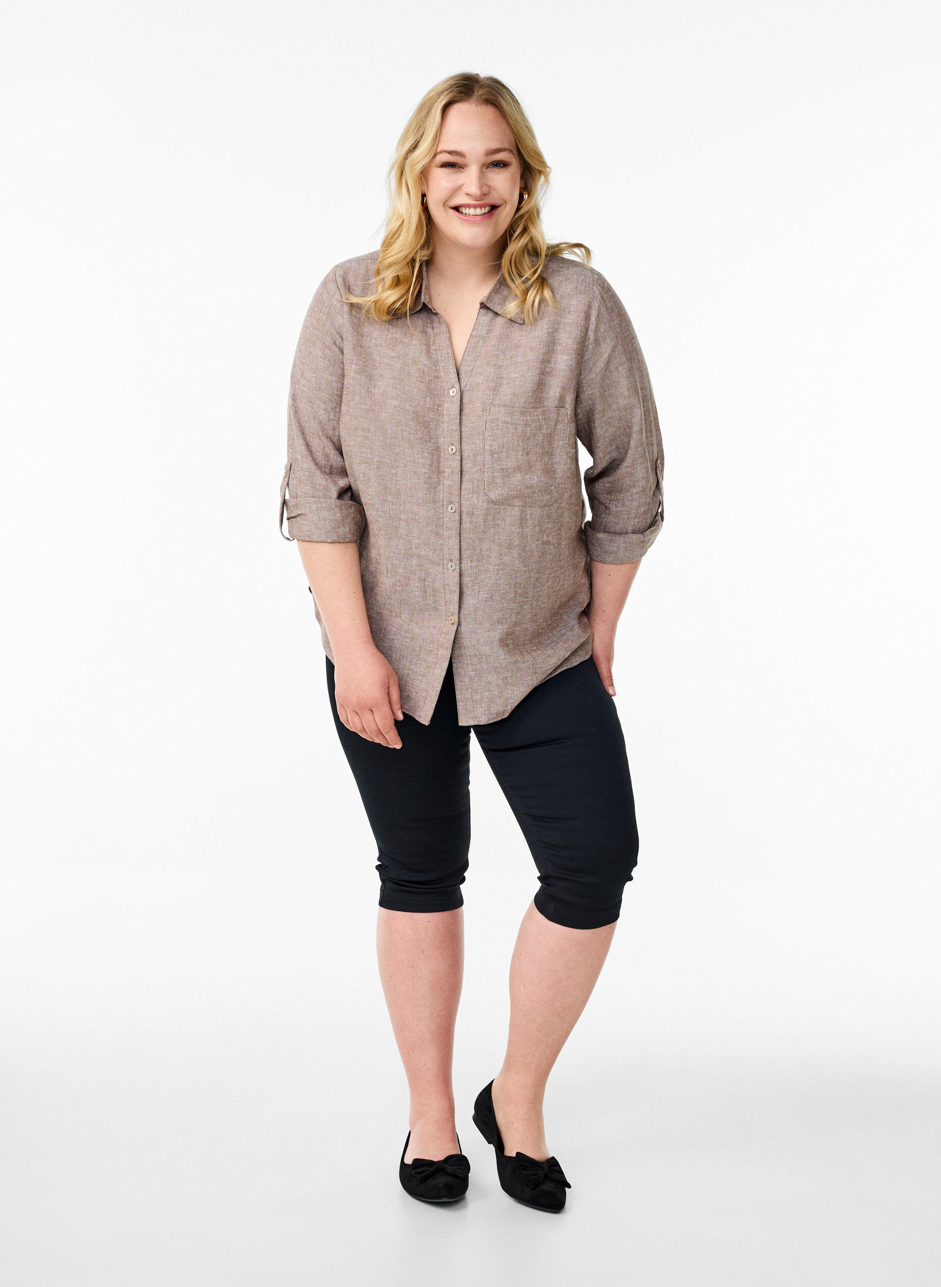 ZizziSkjorte i h&oslash;r og viskose med 3/4-&aelig;rmer, Brun, Model image number 1