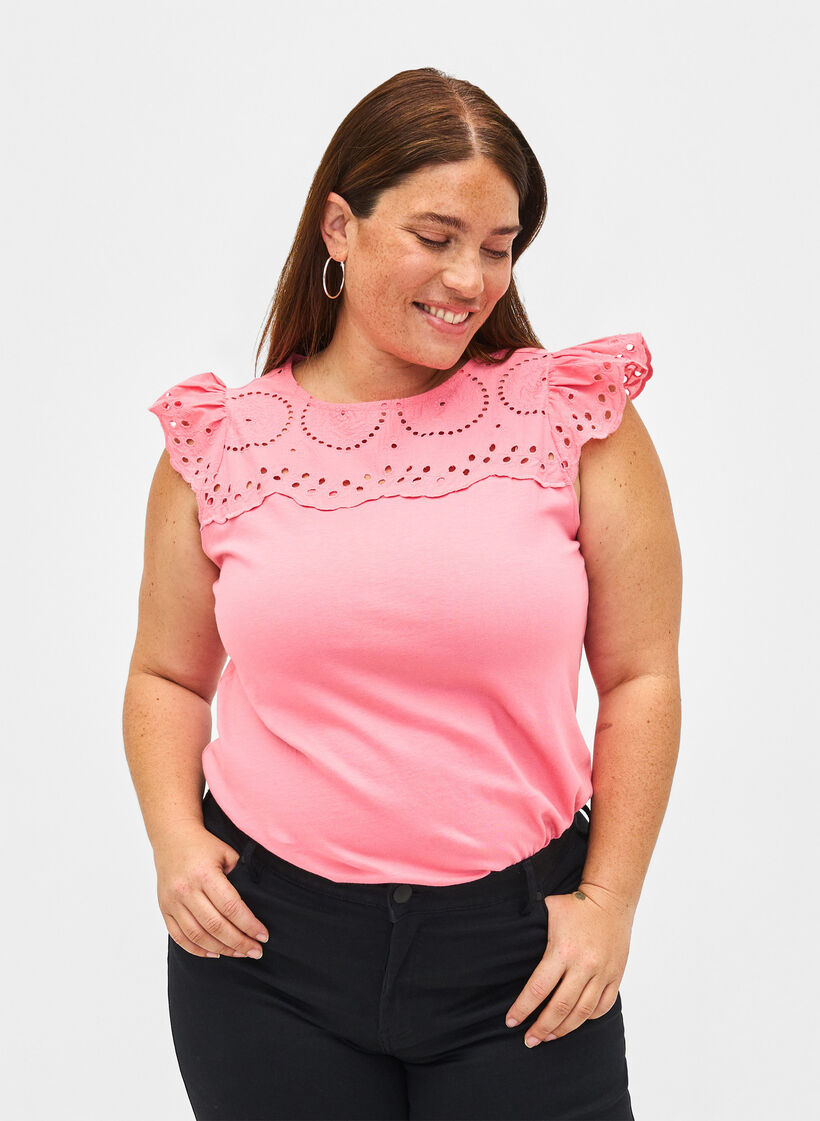 T-shirt med broderi anglaise i &oslash;kologisk bomuld, Strawberry Pink , Model image number 0