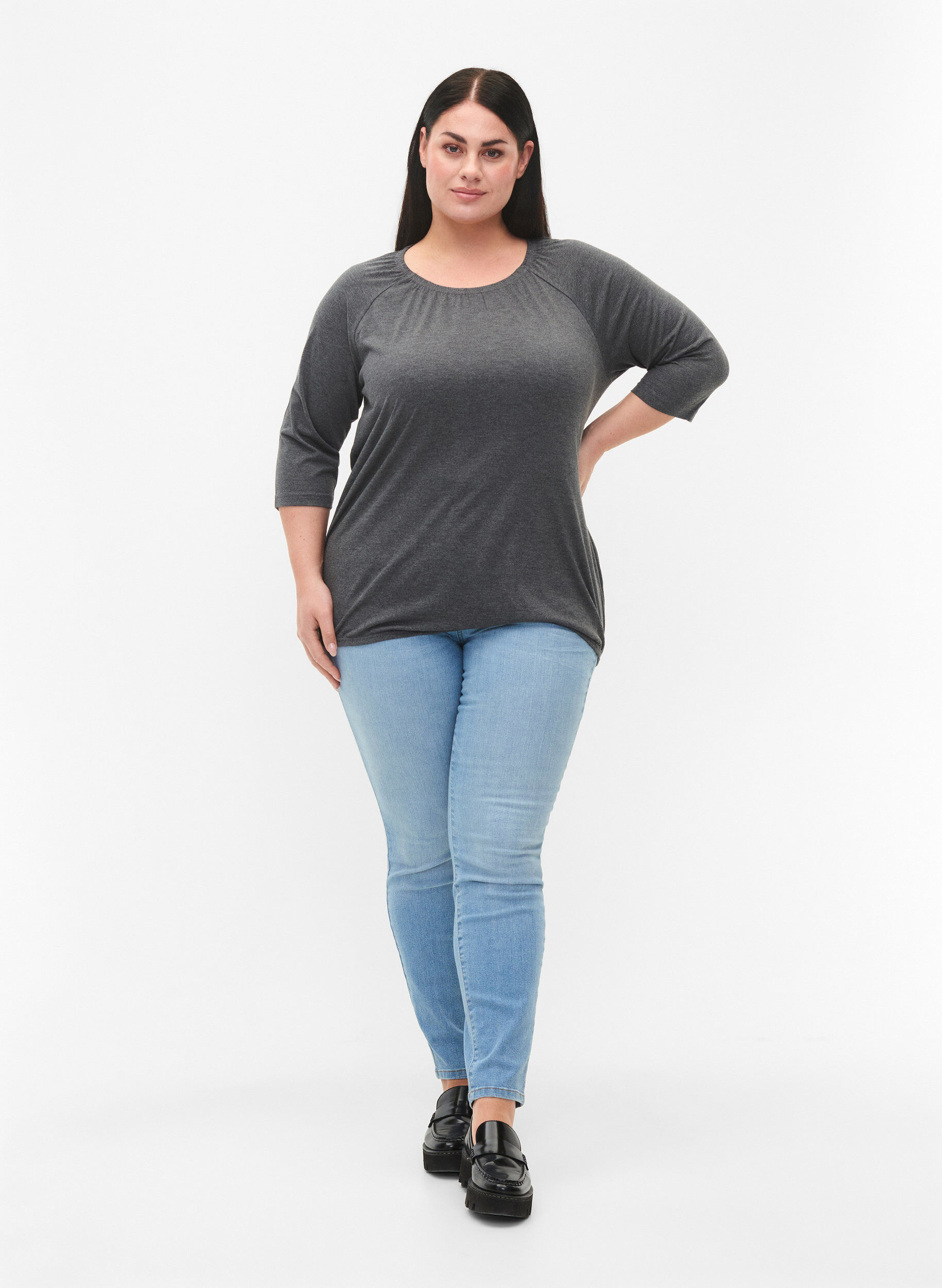 Zizzi Meleret bluse med 3/4 &aelig;rmer, Dark Grey Melange, Model image number 2