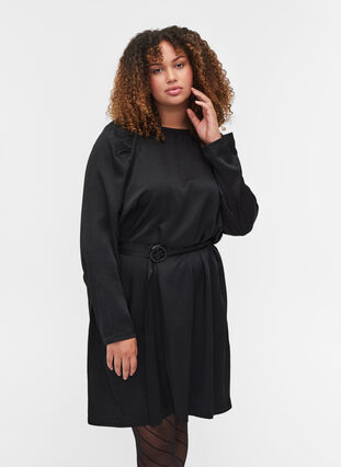 Kjole med pufærmer og taljebælte, Black, Model image number 0
