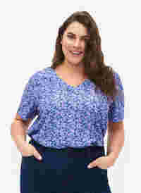 FLASH - Printet t-shirt med v-hals, Blue Rose Ditsy, Model