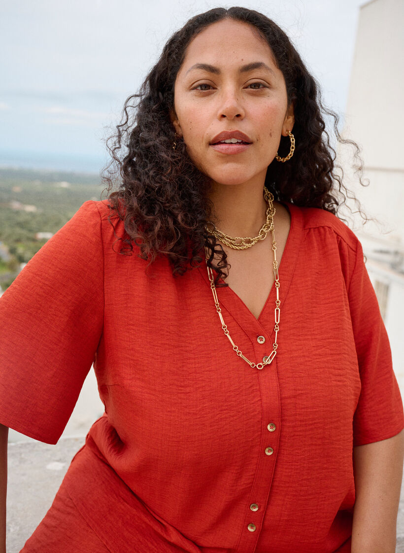 Skjortebluse med v-hals og korte &aelig;rmer, R&oslash;d, Image image number 0