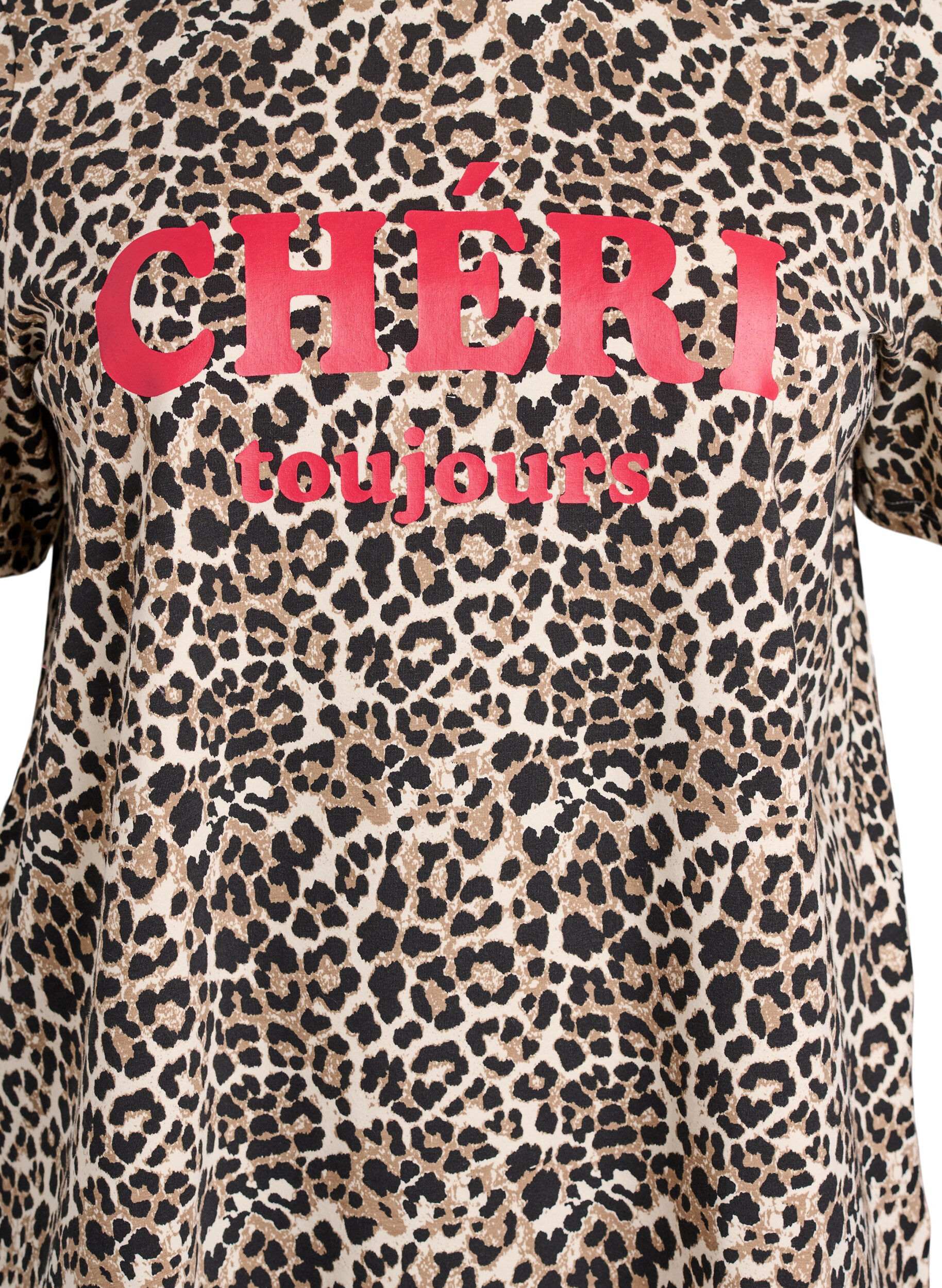 Zizzi T-shirt med leopardprint og tekstmotiv, Brun, Packshot image number 2