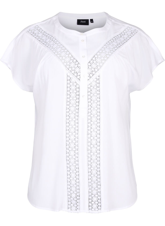 Viskose bluse med blondebånd, Bright White, Packshot image number 0