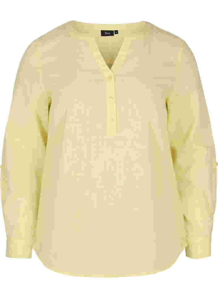 Skjortebluse i bomuld med v-udskæring, Yellow, Packshot image number 0