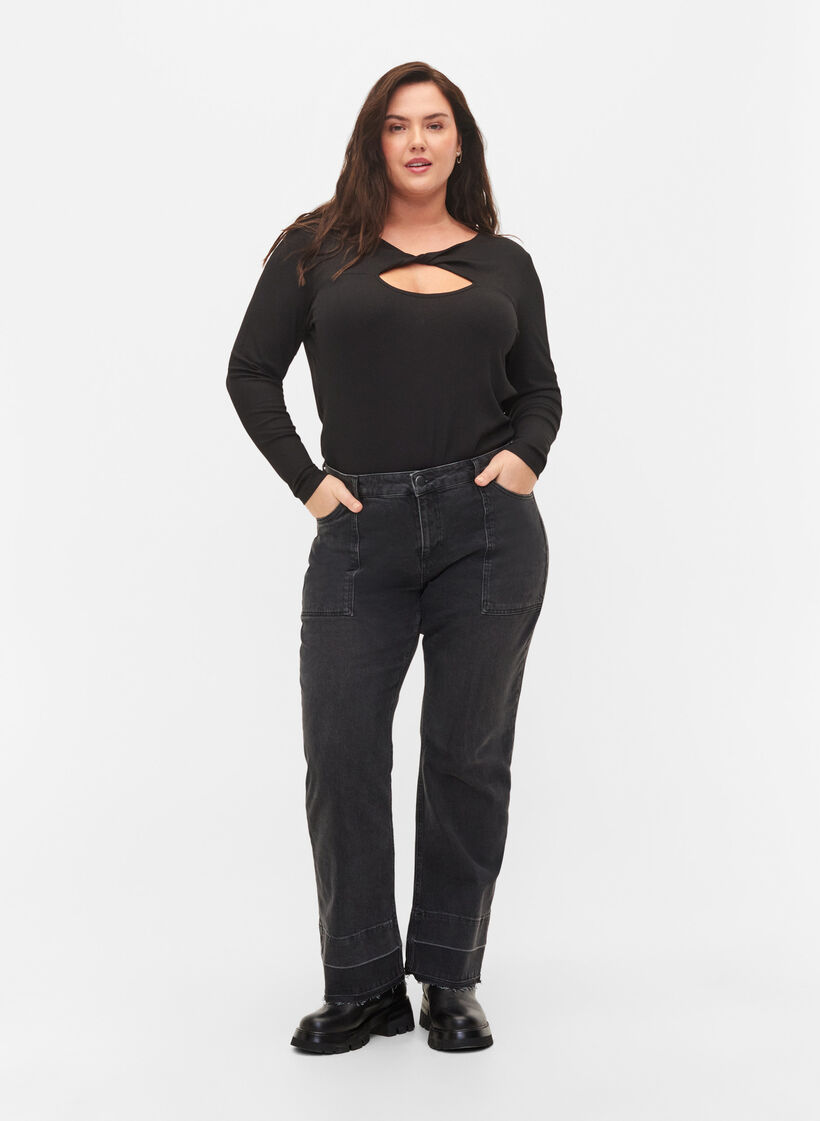 Bluse med udskåret parti og lange ærmer, Black, Model image number 2