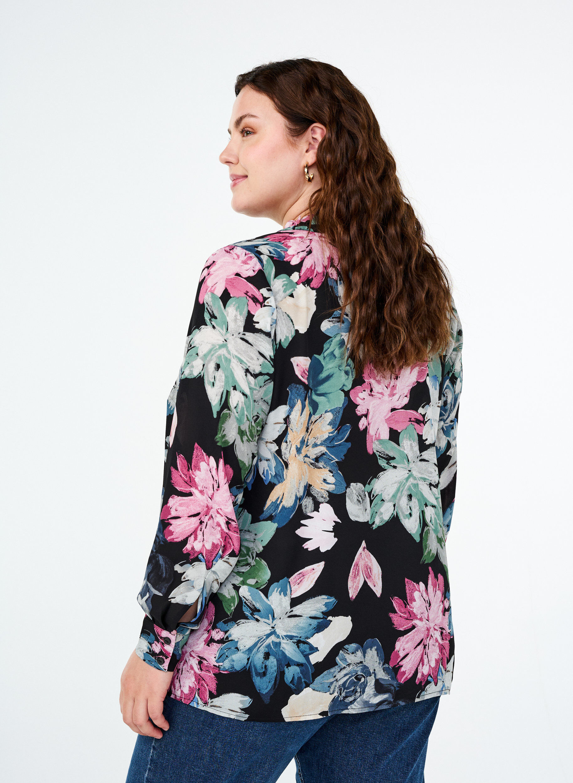 Zizzi Lang&aelig;rmet bluse med blomsterprint, Rose Flower AOP, Model image number 1