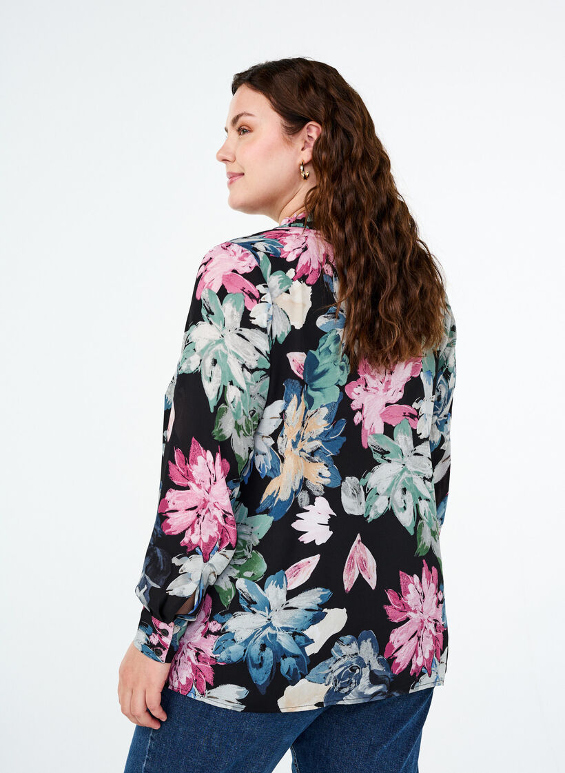 Langærmet bluse med blomsterprint, Rose Flower AOP, Model image number 1
