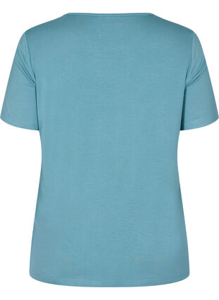 Kortærmet viskose t-shirt med blondedetaljer, Smoke Blue, Packshot image number 1