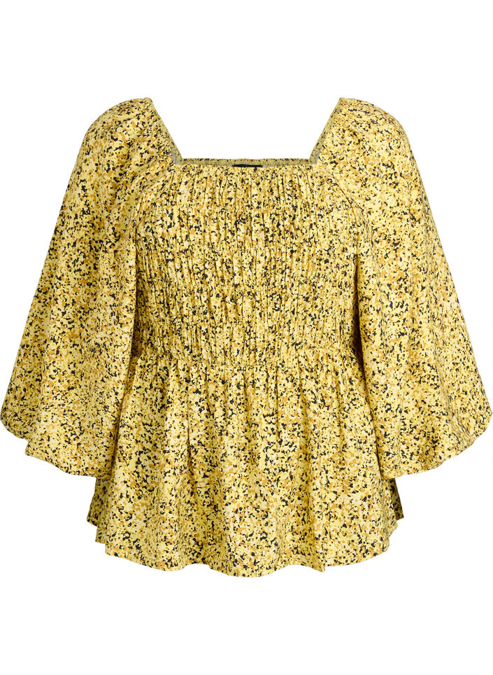 Bluse med smock og firkantet halsudsk&aelig;ring, Gul, Packshot image number 0