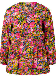 Viskosebluse med blomsterprint og smock, Neon Flower Print