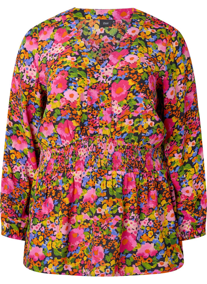 Viskosebluse med blomsterprint og smock, Neon Flower Print, Packshot image number 0