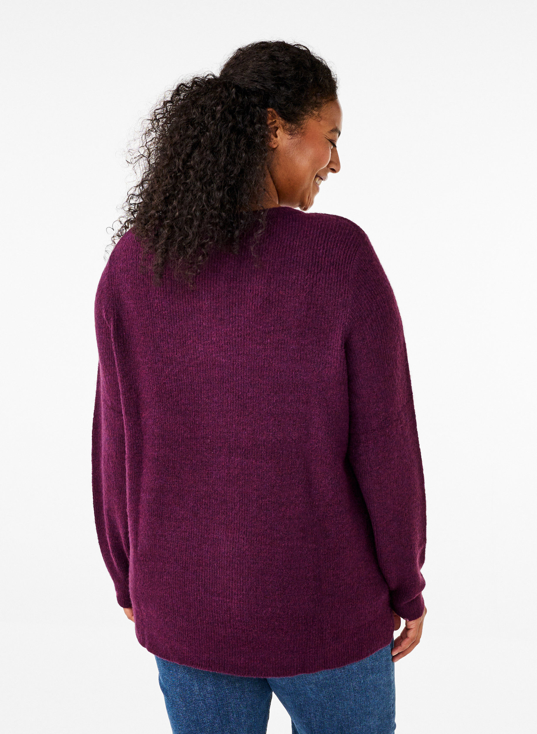 Zizzi Meleret strikbluse med rund hals, Potent Purple Mel., Model image number 1