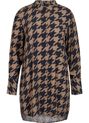 Lang mønstret viskoseskjorte, Brown Houndsthooth, Packshot image number 0