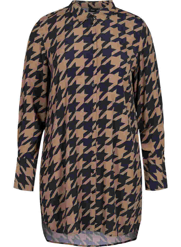Lang mønstret viskoseskjorte, Brown Houndsthooth, Packshot image number 0