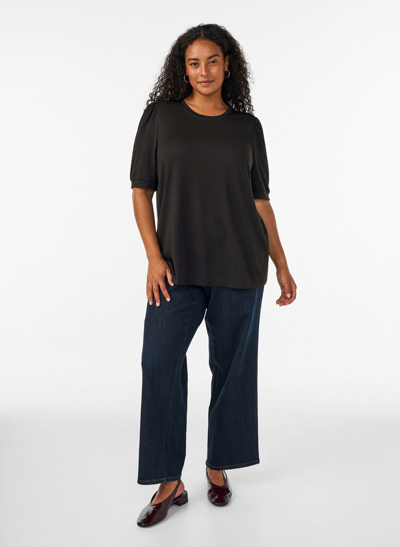 Bluse med knapdetalje og korte puf&aelig;rmer, Sort, Model image number 1