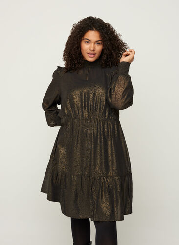 Langærmet kjole med smock og flæser, Black w. Gold, Model image number 0