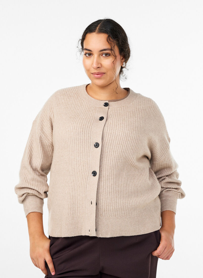 Ribstrikket cardigan med knapper, Beige, Model image number 0