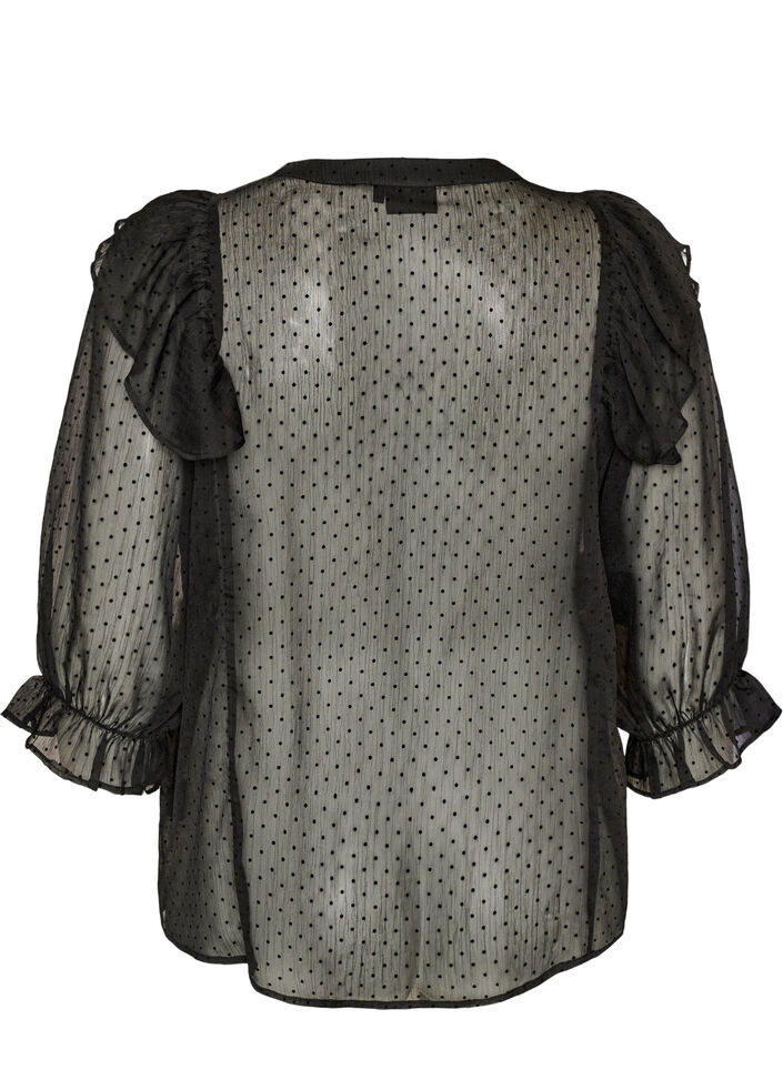 Transparent skjortebluse med prikker og fl&aelig;sedetaljer, Sort, Packshot image number 1