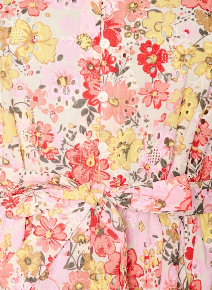 Blomstret midikjole med broderie anglaise og bindeb&aring;nd, Lyser&oslash;d, Packshot