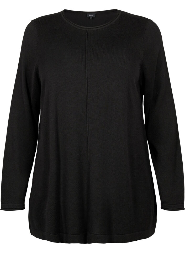 Strikbluse i bomulds-viskosemix, Sort, Packshot image number 0