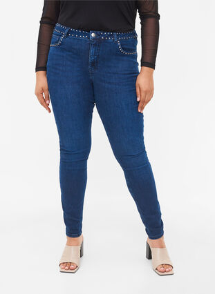 Super slim Amy jeans med nitter, Dark blue, Model image number 3